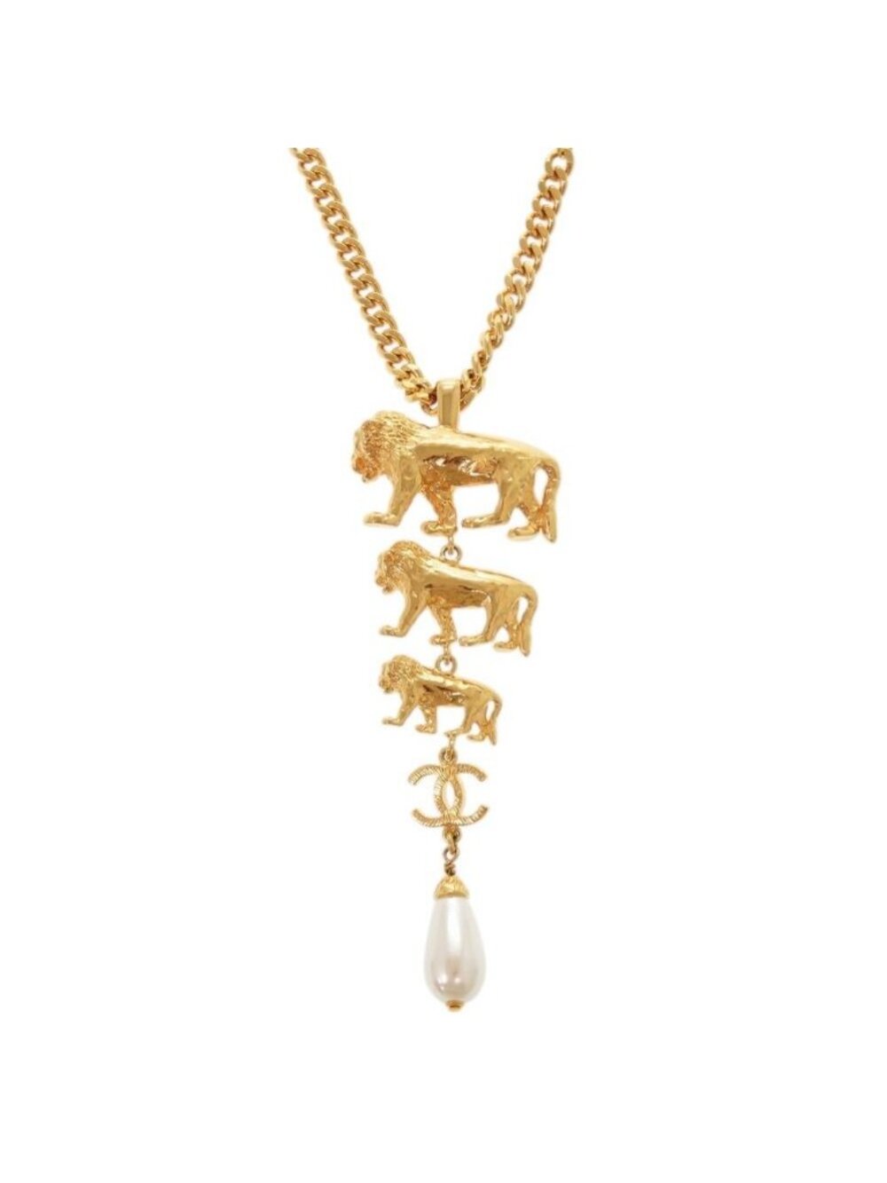 Chanel CC Logo Lion Metal Faux Pearl Gold Necklace